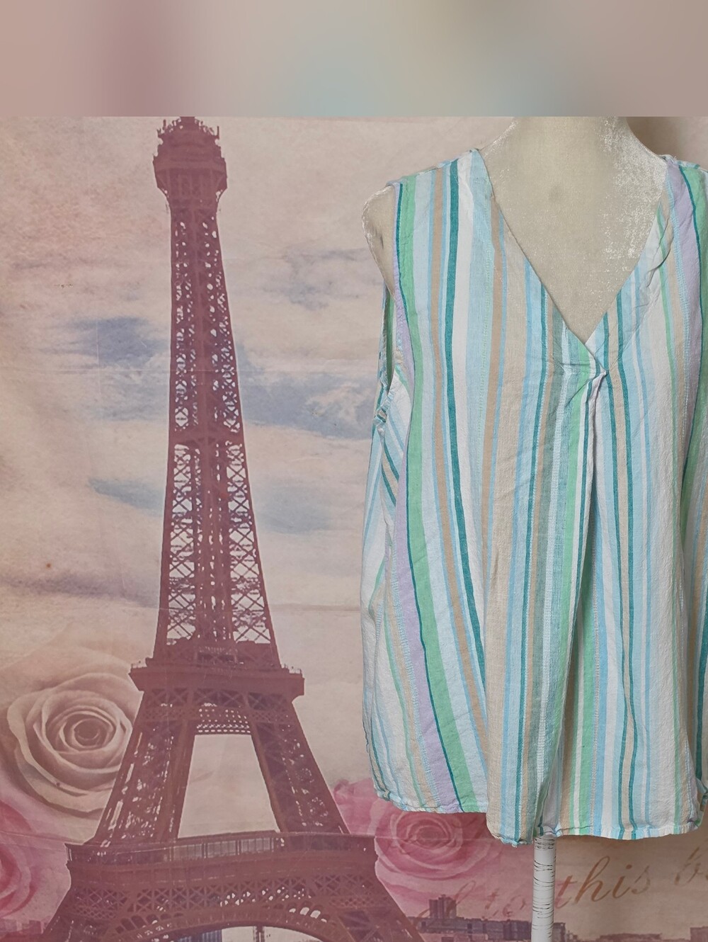 Time and Tru Striped V-Neck Tank Top - Mint, Aqua & Blue Linen Blend